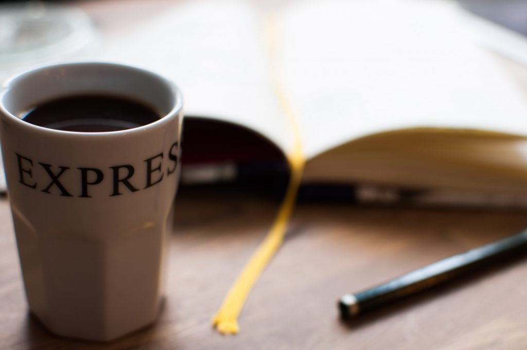 tools of creativity: coffee, pen, my diary